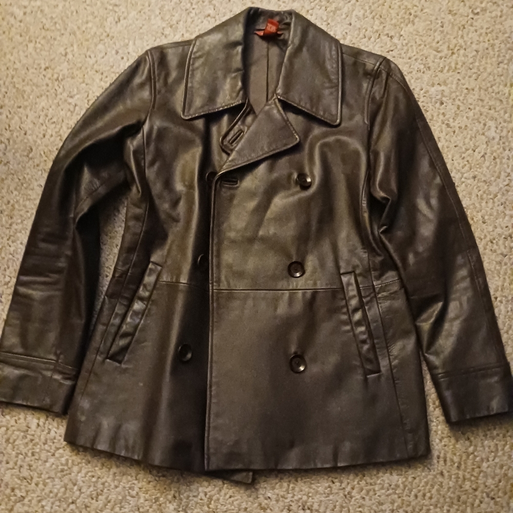 Sundance Brown Leather Double-Breasted Pea Coat